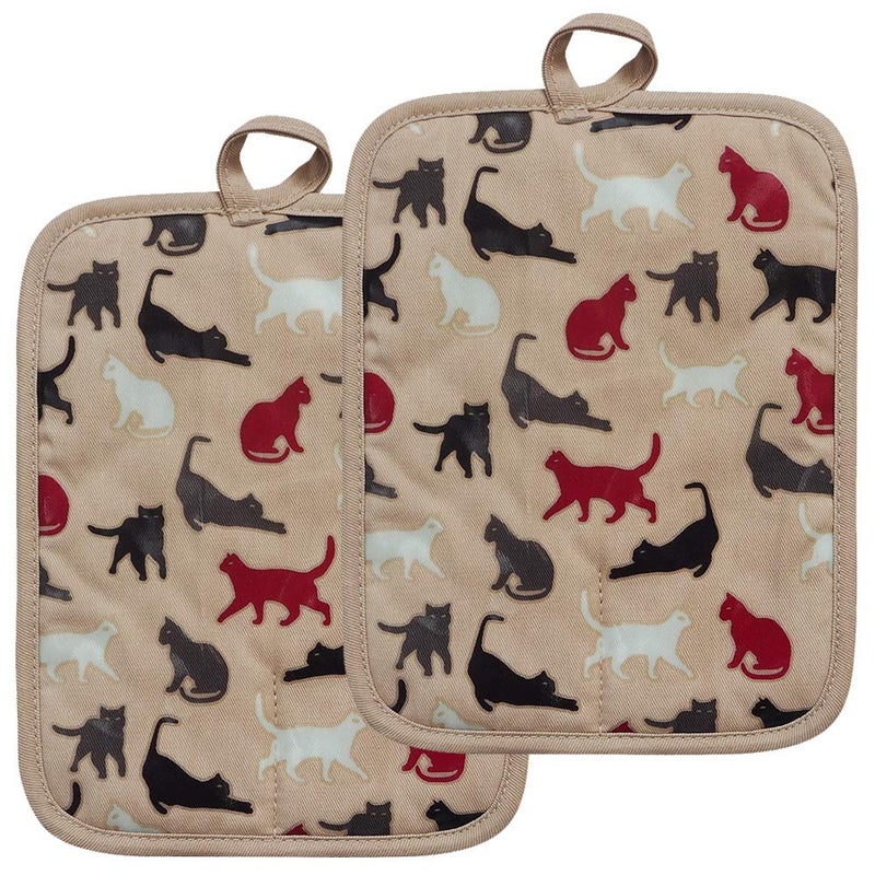 RED LMLDETA Pot Holders Set of 2 Heat Resistant 480 â„‰ Kitchen Non Slip Clear Silicone Printed Comfortable Cotton Lining Women Men Cooking Barbecue Microwave Machine Washable (Cat, Khaki Potholders) - Image 1